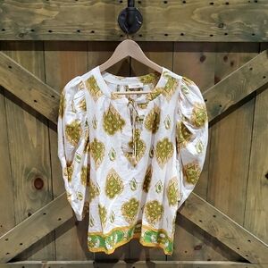 Haute Hippie Green and Gold Puff Sleeve Blouse Linen Blend